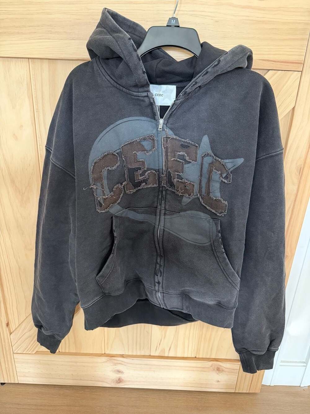 CEEC Washed Black Distressed Applique Logo Full-Zip Hoodie